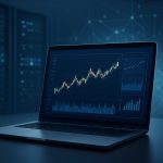 A laptop displaying a stock market graph and data against a dark, technological background.