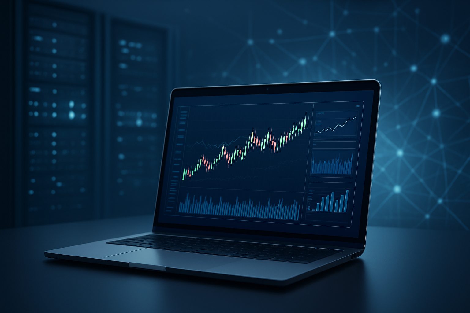 A laptop displaying a stock market graph and data against a dark, technological background.