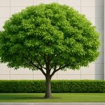 a healthy, well-maintained tree in front of a modern building