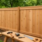 A wooden privacy fence in a yard with tools on a workbench in the foreground.