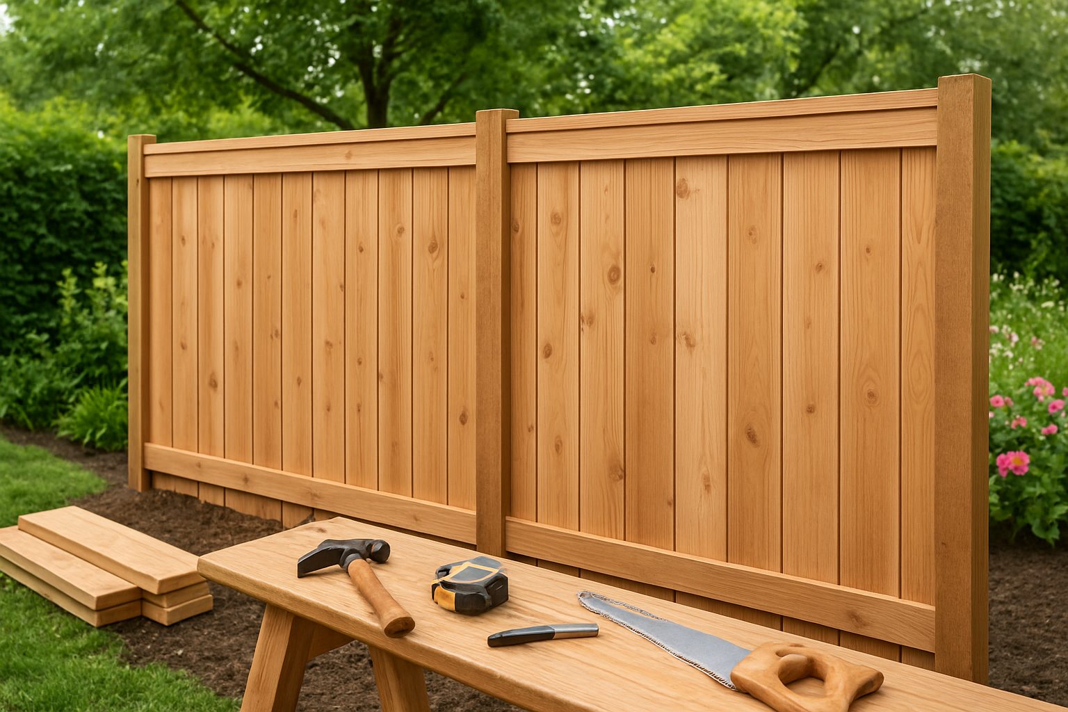 A wooden privacy fence in a yard with tools on a workbench in the foreground.