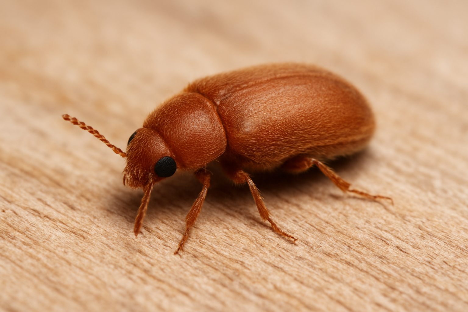 Close-up of a cigarette beetle on a wooden surface.